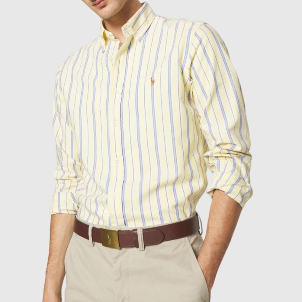 Ralph Lauren yellow white blue stripe oxford custom fit button down shirt Size L